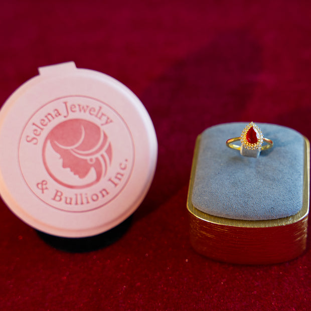 Selena Jewelry Bullion - Hofburg Ruby Tone Pear Cut Halo Ring
