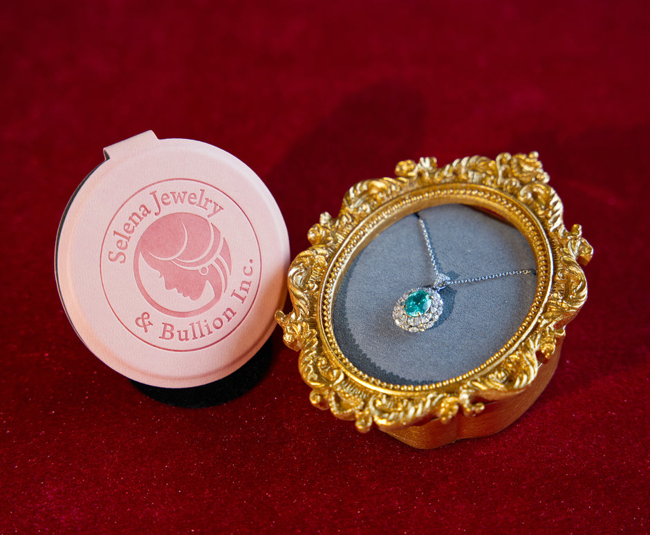 Selena Jewelry Bullion - Marly 2ct Lab Grown Neon Paraiba Tourmaline Oval Wheat Halo Pendant Necklace