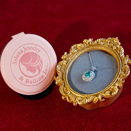 Selena Jewelry Bullion - Marly 2ct Lab Grown Neon Paraiba Tourmaline Oval Wheat Halo Pendant Necklace