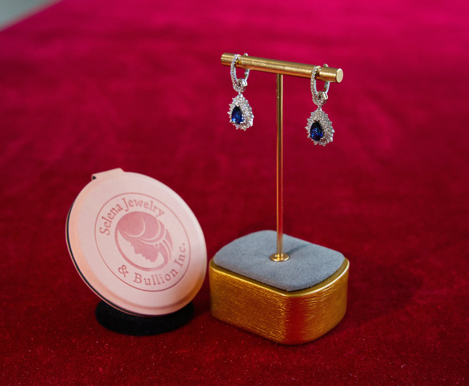 Selena Jewelry Bullion - Fontainebleau 1.5cts Per Stone Total 3cts Pair Lab Grown Royal Blue Pear Sapphire Double Halo Drop Earrings