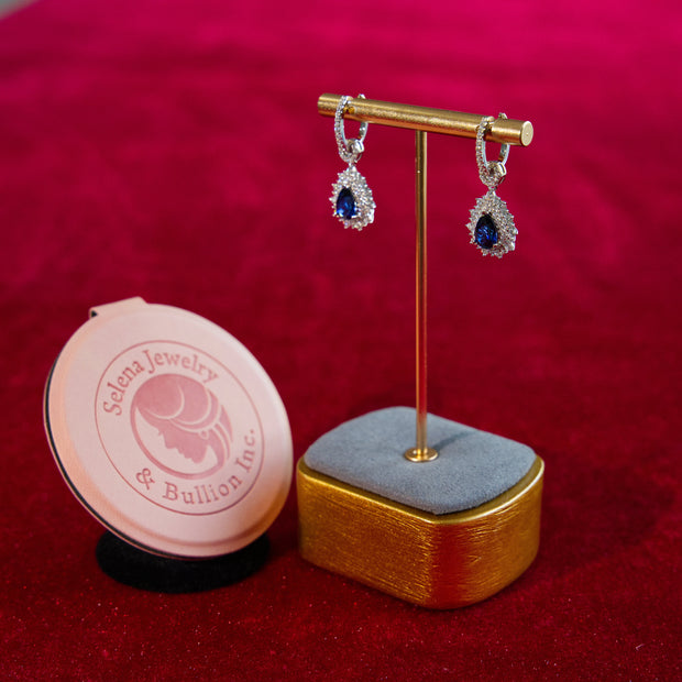 Selena Jewelry Bullion - Fontainebleau 1.5cts Per Stone Total 3cts Pair Lab Grown Royal Blue Pear Sapphire Double Halo Drop Earrings