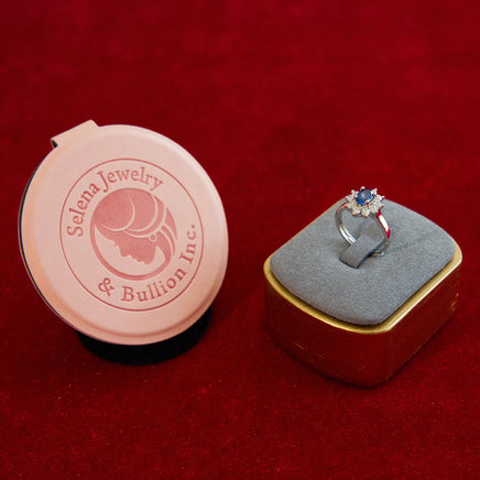 Selena Jewelry Bullion - Fontainebleau 1ct Lab Grown Royal Blue Sapphire Sunburst Halo Open Ring