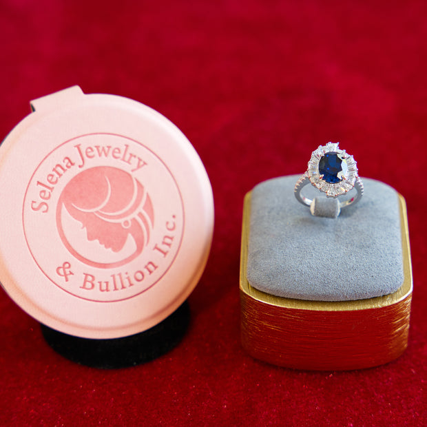 Selena Jewelry Bullion - Linderhof 3 cts Lab Grown Royal Blue Sapphire Oval Sunburst Halo Ring