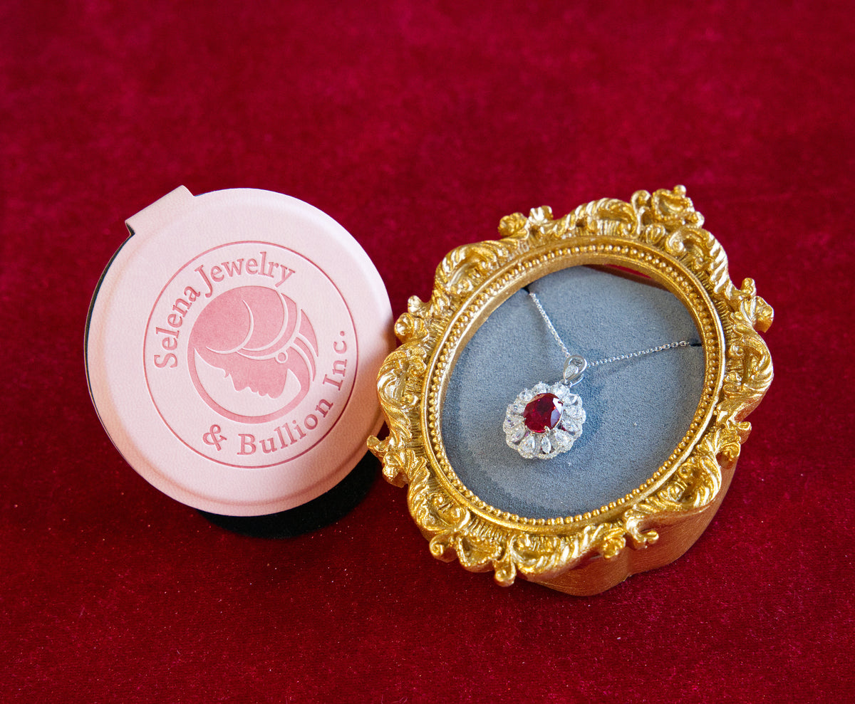 Selena Jewelry Bullion - Hofburg 3 Carats Lab Grown Ruby Oval Floral Halo Pendant Necklace