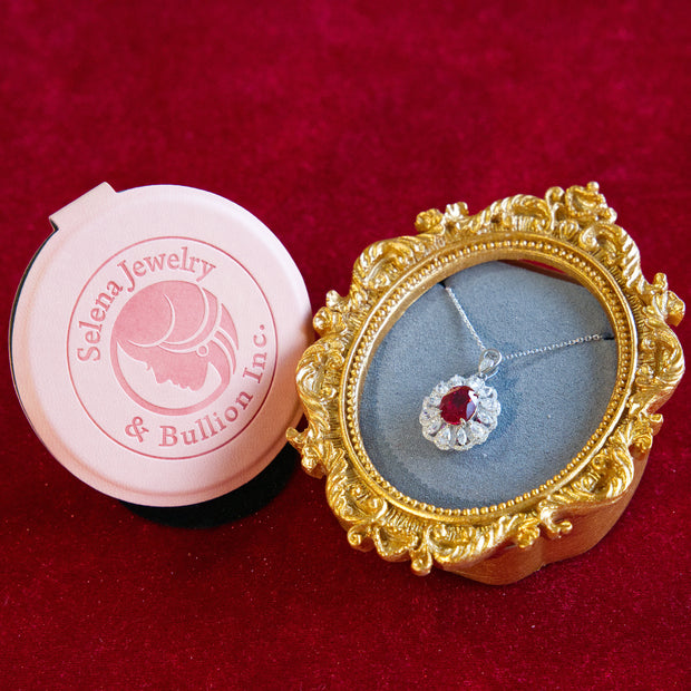 Selena Jewelry Bullion - Hofburg 3 Carats Lab Grown Ruby Oval Floral Halo Pendant Necklace