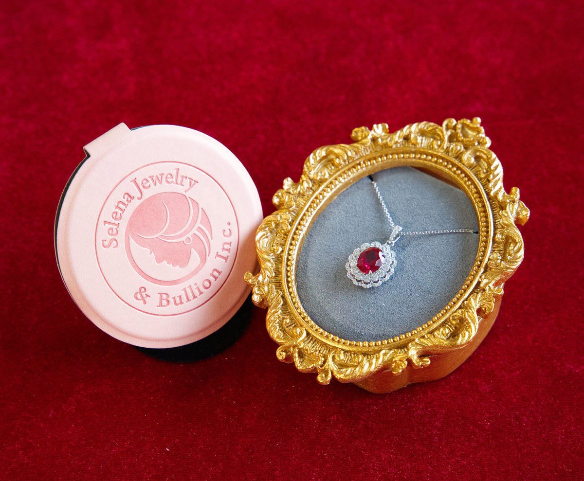 Selena Jewelry Bullion - Compiegne 2 Carats Lab Grown Ruby Oval Floral Halo Pendant Necklace