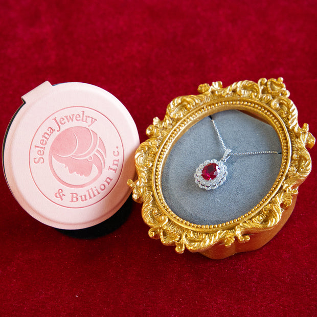 Selena Jewelry Bullion - Compiegne 2 Carats Lab Grown Ruby Oval Floral Halo Pendant Necklace