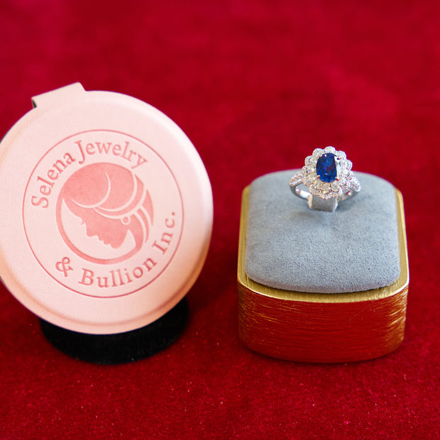 Selena Jewelry Bullion - Compiegne 2 carats Lab Grown Royal Blue Sapphire Double Halo Ring