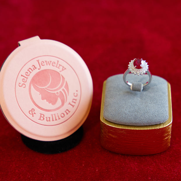 Selena Jewelry Bullion - Fontainebleau 2 carats Lab Grown Ruby Oval Sunburst Halo Ring