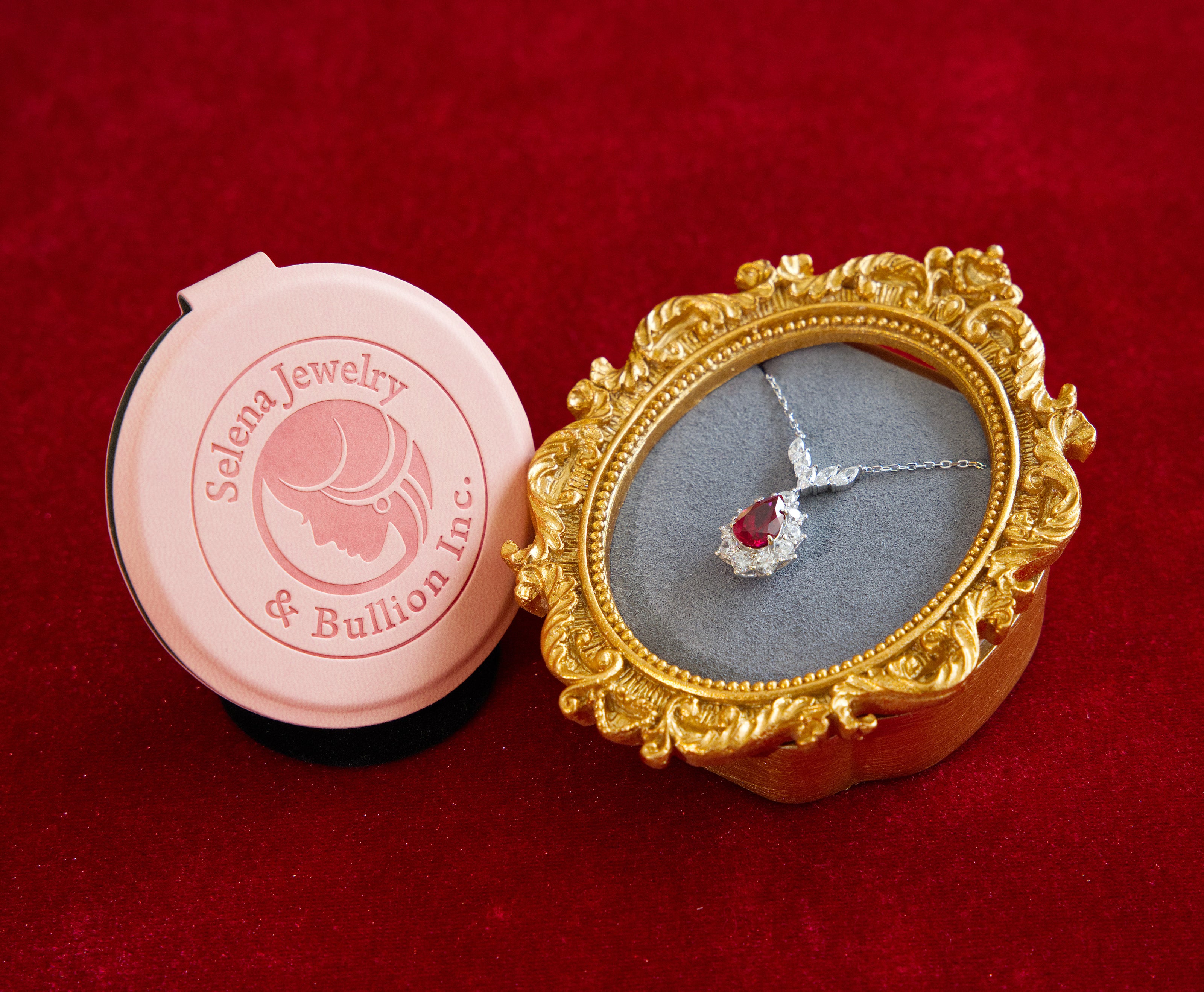Selena Jewelry Bullion - Fontainebleau 3cts Lab Grown Ruby Pear Sunburst Halo Pendant Necklace