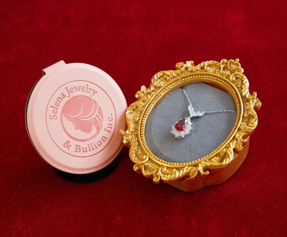 Selena Jewelry Bullion - Fontainebleau 3cts Lab Grown Ruby Pear Sunburst Halo Pendant Necklace