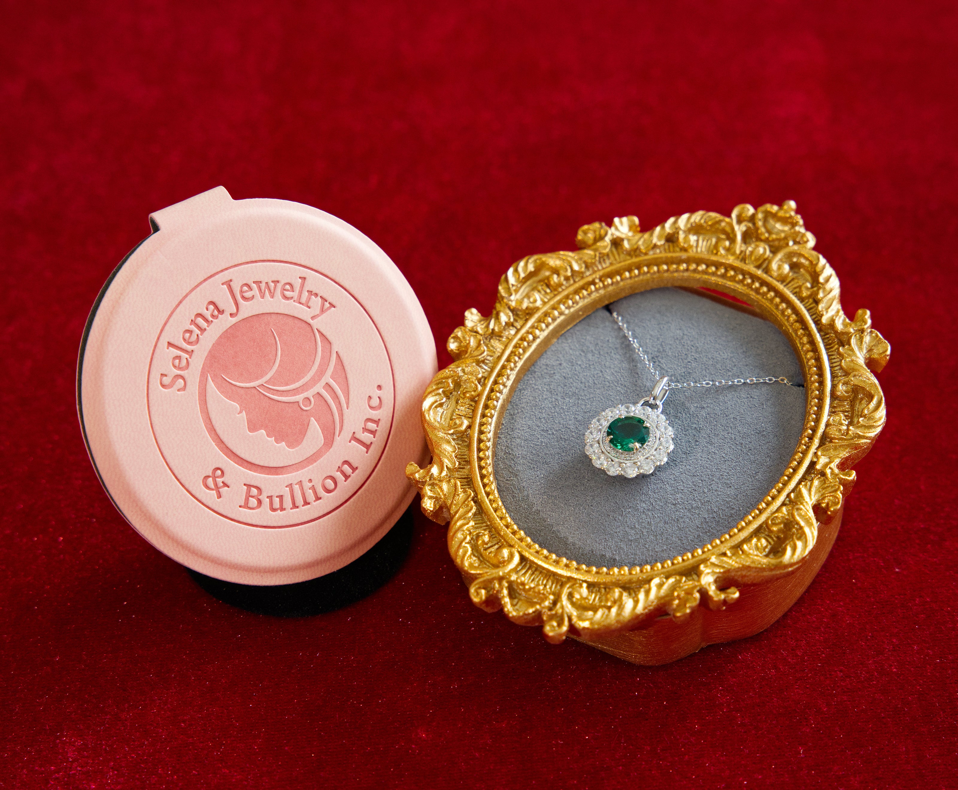 Selena Jewelry Bullion - Compiegne 1.5ct Lab Grown Vivid Green Emerald Round Floral Halo Pendant Necklace