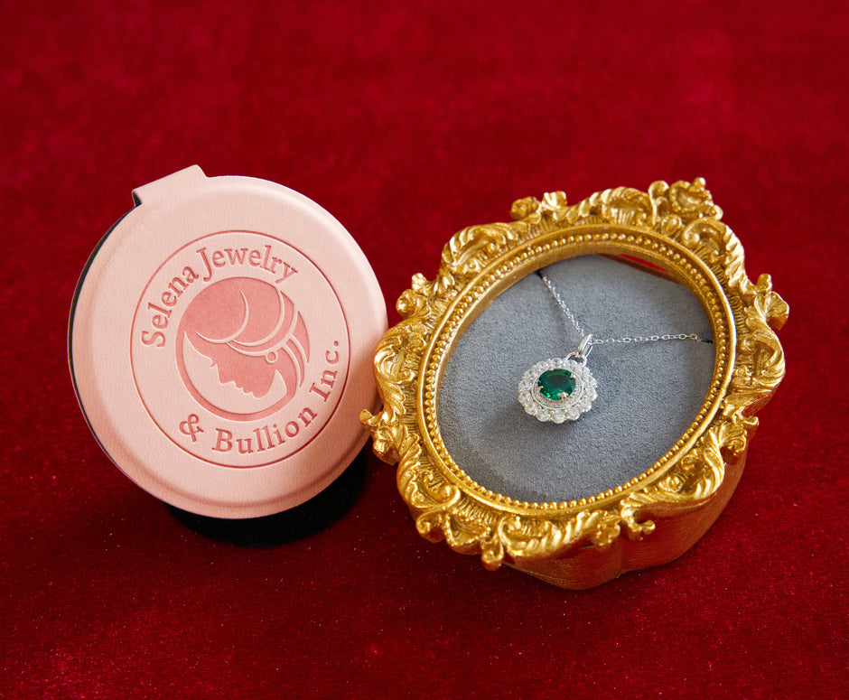 Selena Jewelry Bullion - Compiegne 1.5ct Lab Grown Vivid Green Emerald Round Floral Halo Pendant Necklace