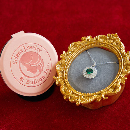 Selena Jewelry Bullion - Compiegne 1.5ct Lab Grown Vivid Green Emerald Round Floral Halo Pendant Necklace