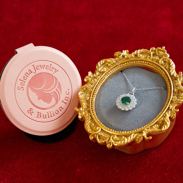 Selena Jewelry Bullion - Compiegne 1.5ct Lab Grown Vivid Green Emerald Round Floral Halo Pendant Necklace