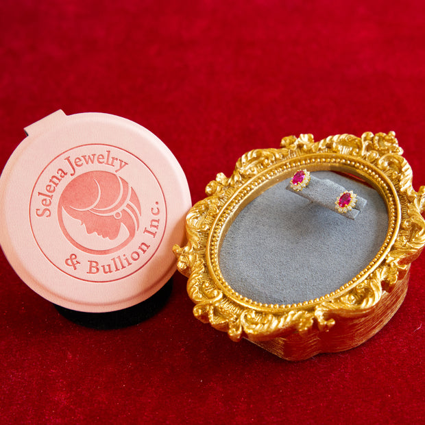 Selena Jewelry Bullion - Fontainebleau Rosy Ruby Tone Royal Halo Stud Earrings