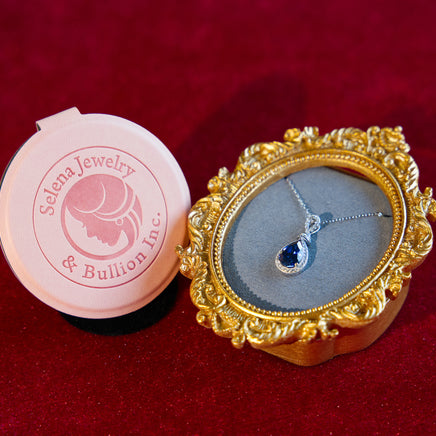 Selena Jewelry Bullion - Chambord 3.5cts Lab Grown Royal Blue Sapphire Pear Soft Floral Halo Pendant Necklace