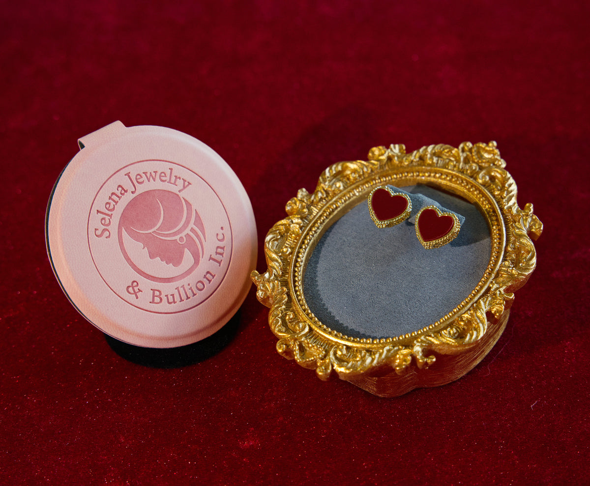 Selena Jewelry Bullion - Bourgogne Ruby Red Enamel Heart Beaded Halo Stud Earrings