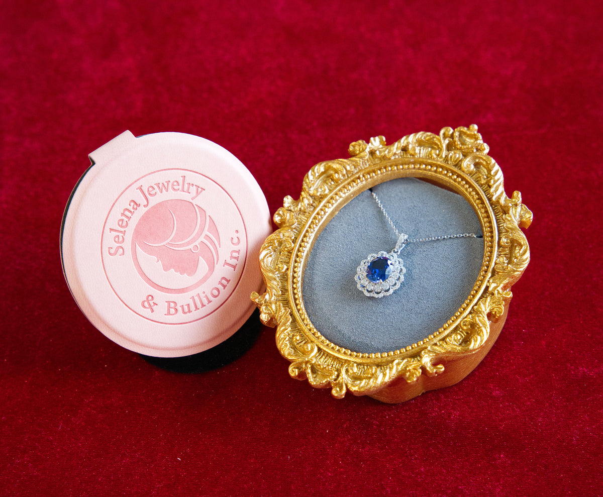 Selena Jewelry Bullion - Compiegne 2 Carats Lab Grown Royal Blue Sapphire Oval Floral Halo Pendant Necklace