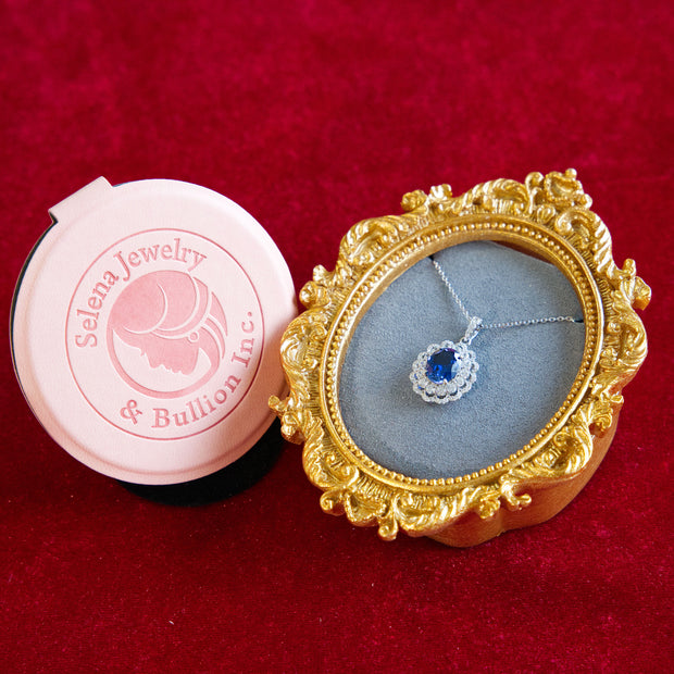 Selena Jewelry Bullion - Compiegne 2 Carats Lab Grown Royal Blue Sapphire Oval Floral Halo Pendant Necklace