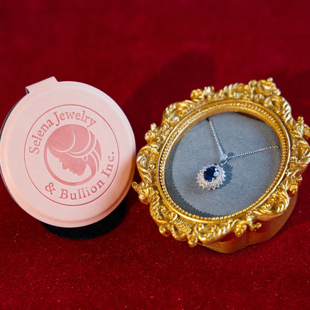 Selena Jewelry Bullion - Fontainebleau 2cts Lab Grown Royal Blue Sapphire Oval Sunburst Halo Pendant Necklace
