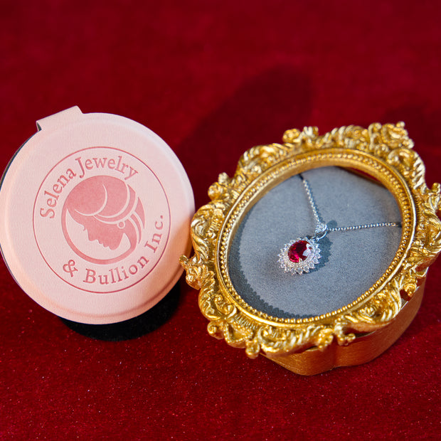 Selena Jewelry Bullion - Fontainebleau 2cts Lab Grown Ruby Oval Sunburst Halo Pendant Necklace