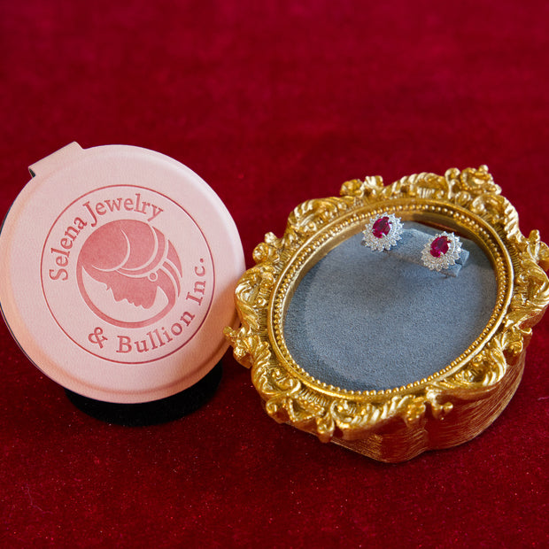 Selena Jewelry Bullion - Fontainebleau 1.2ct Per Stone Total 2.4cts Pair Lab Grown Ruby Oval Floral Halo Stud Earrings