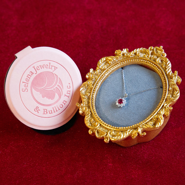 Selena Jewelry Bullion - Fontainebleau 0.5 Carat Lab Grown Ruby Round Sunburst Halo Pendant Necklace