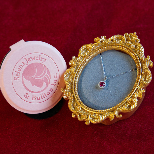 Selena Jewelry Bullion - Chambord 1.5 Carats Lab Grown Ruby Round Milgrain Halo Pendant Necklace