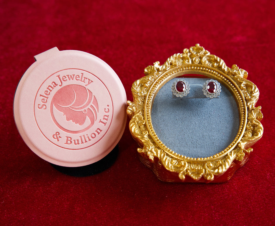 Selena Jewelry Bullion - Compiegne 2 carats Lab Grown Ruby Oval Halo Stud Earrings