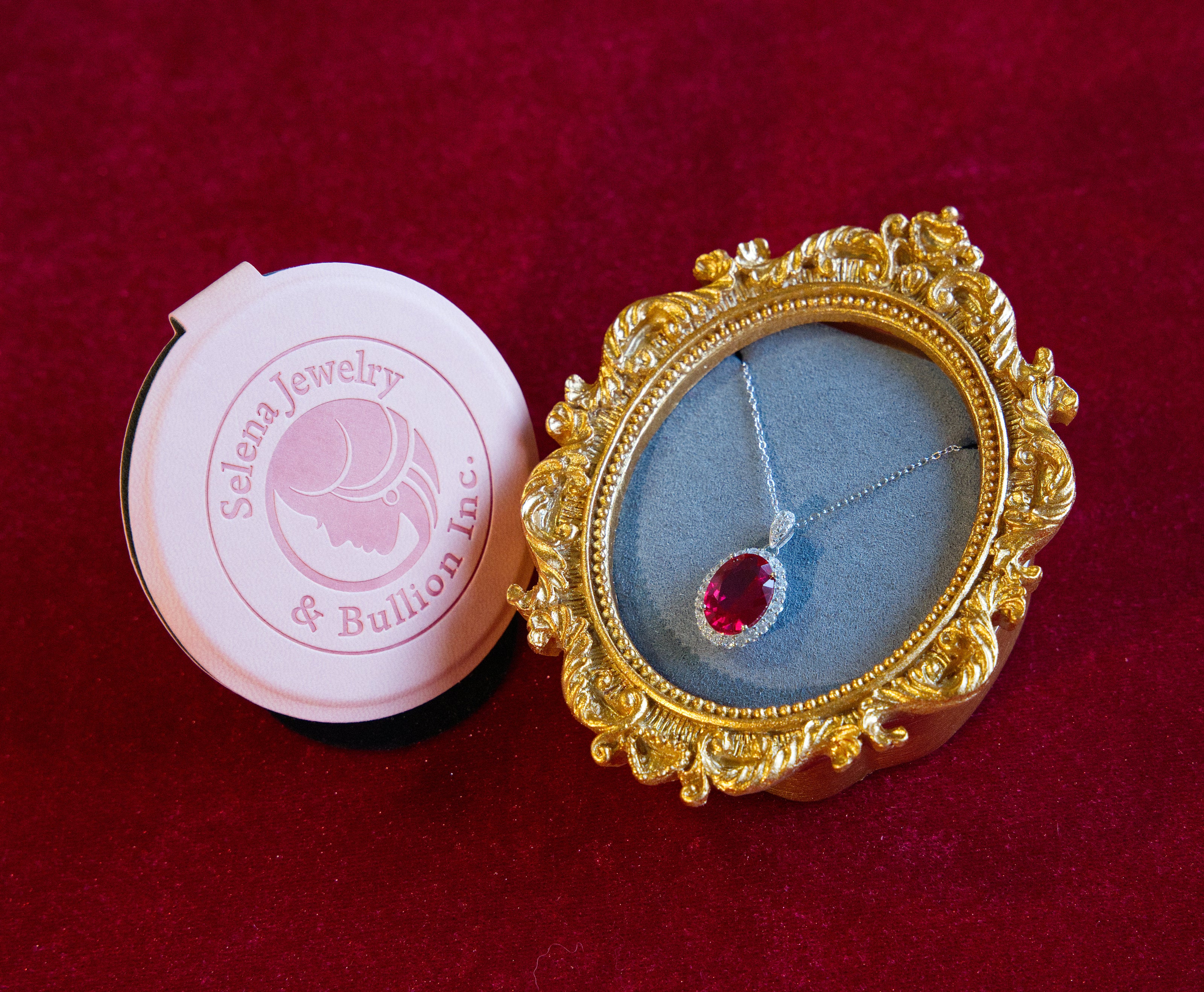 Selena Jewelry Bullion - Chambord 8 Carats Lab Grown Ruby Oval Milgrain Halo Pendant Necklace
