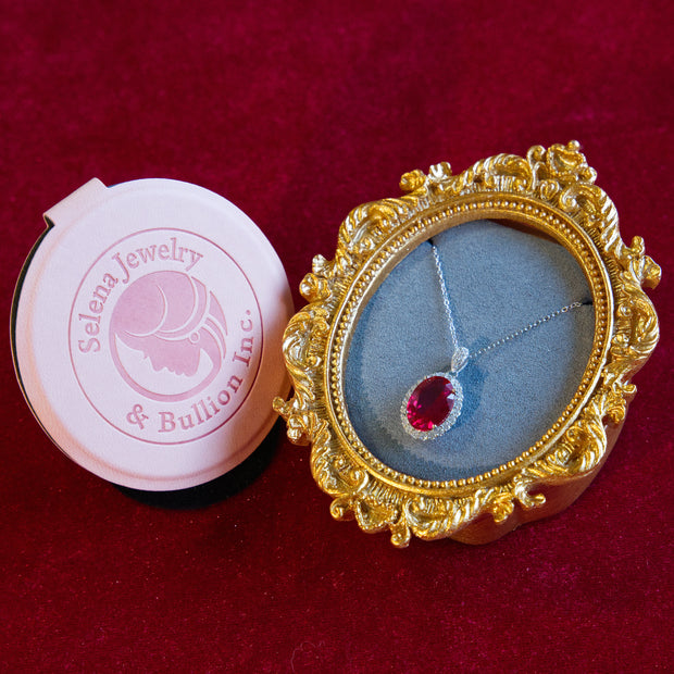 Selena Jewelry Bullion - Chambord 8 Carats Lab Grown Ruby Oval Milgrain Halo Pendant Necklace