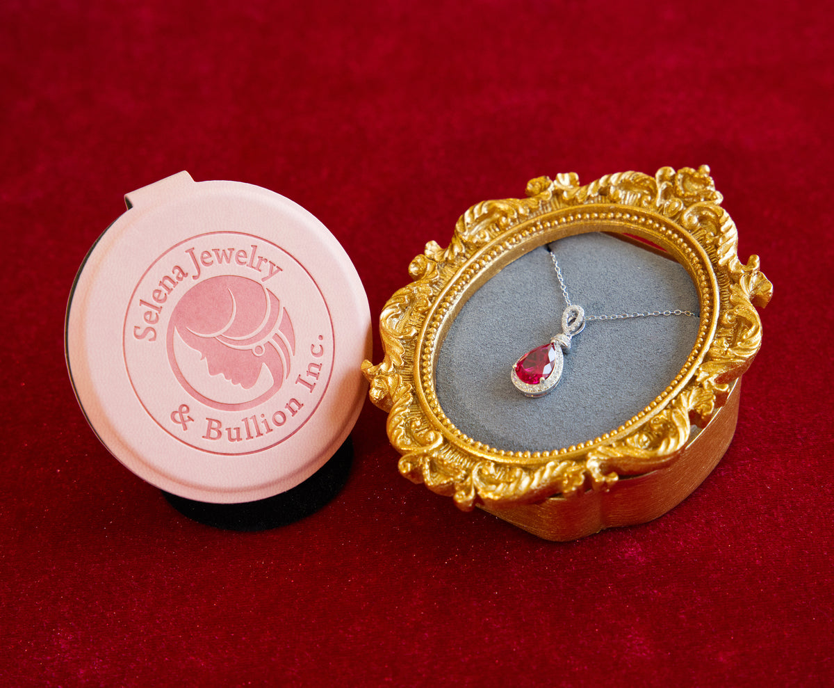 Selena Jewelry Bullion - Chambord 3.42ct Lab Grown Ruby Pear Double Halo Pendant Necklace