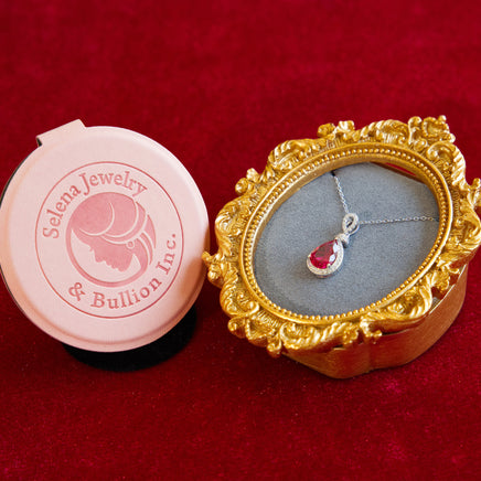 Selena Jewelry Bullion - Chambord 3.42ct Lab Grown Ruby Pear Double Halo Pendant Necklace