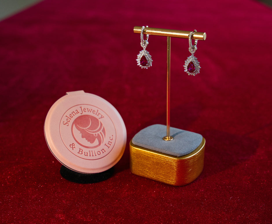 Selena Jewelry Bullion - Fontainebleau 1.5cts Per Stone Total 3cts Pair Lab Grown Pear Ruby Double Halo Drop Earrings