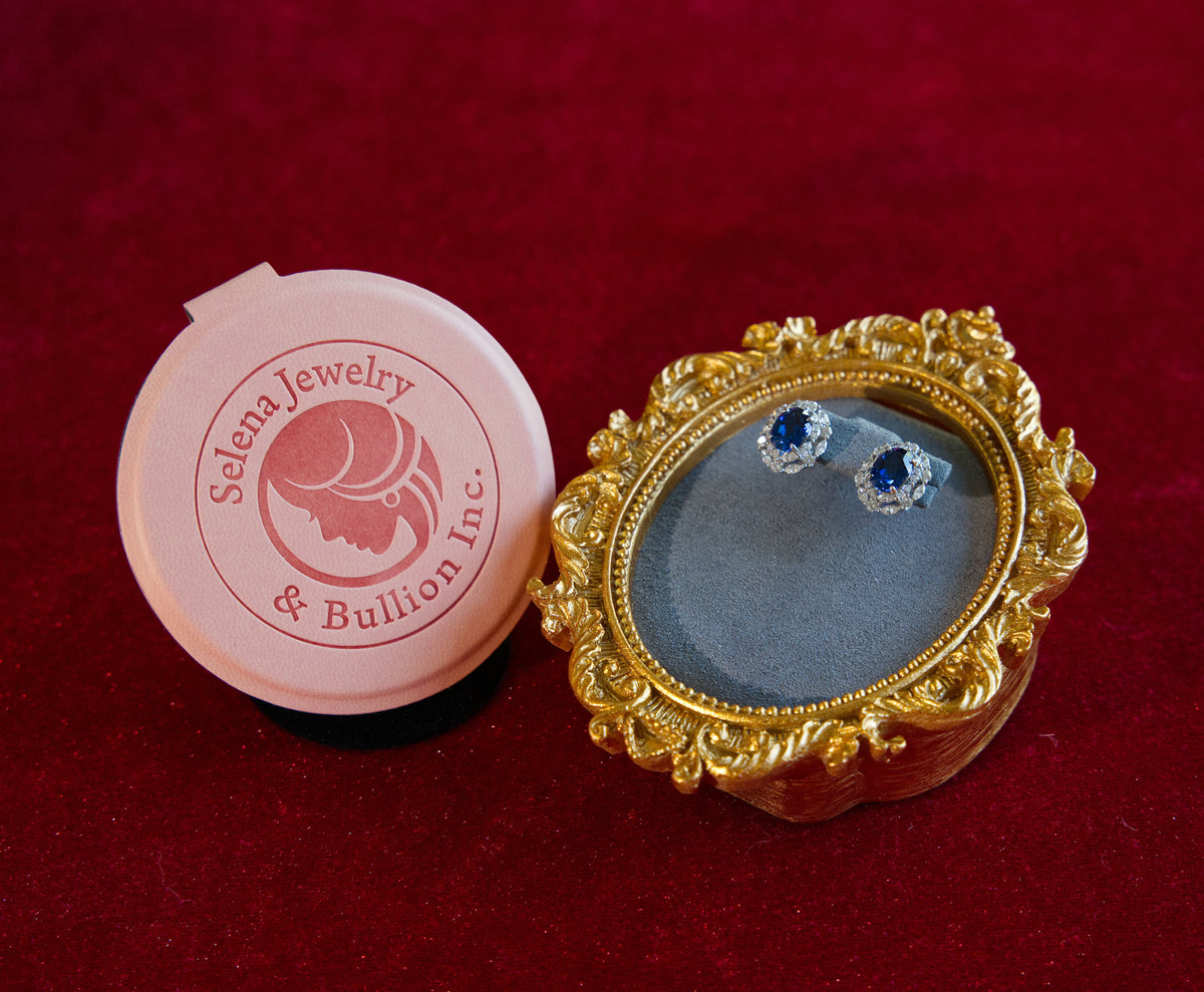 Selena Jewelry Bullion - Marly 1.2ct Per Stone Total 2.4cts Pair Lab Grown Royal Blue Sapphire Oval Floral Halo Stud Earrings