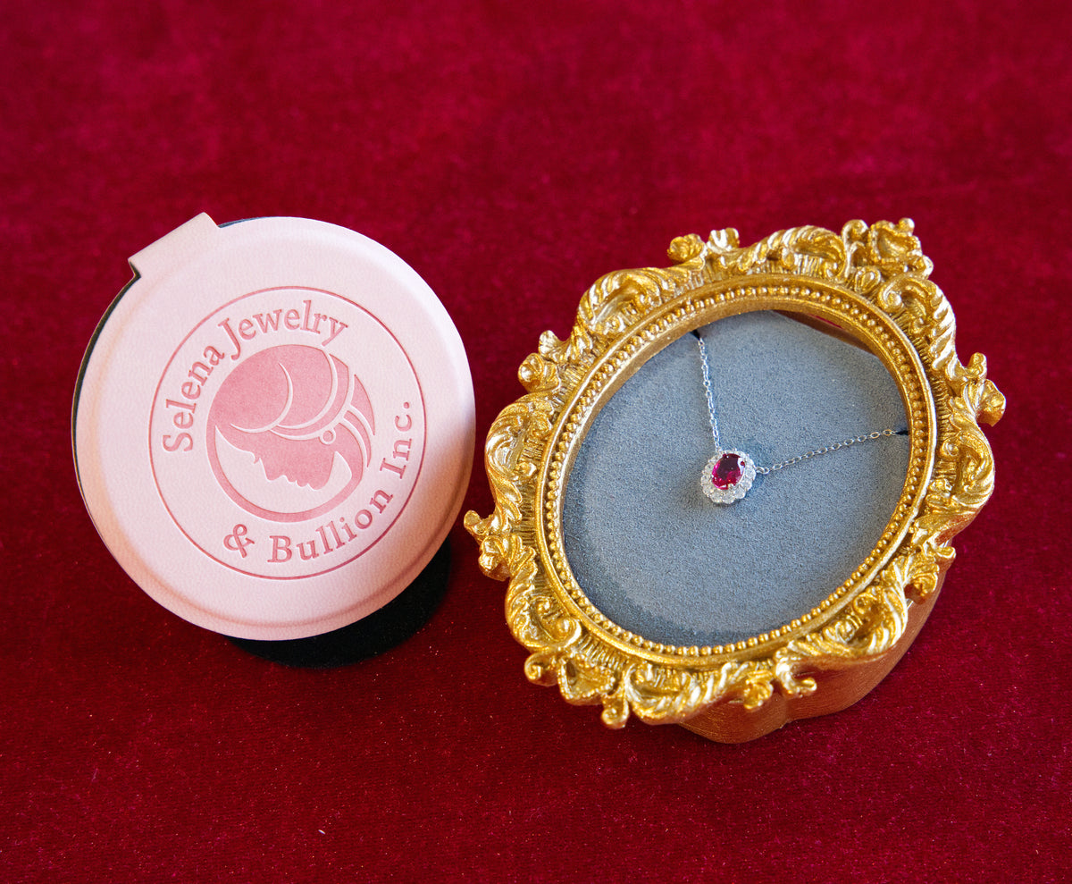 Selena Jewelry Bullion - Compiegne Ruby Tone Oval Halo Pendant Necklace
