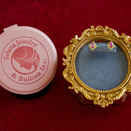 Selena Jewelry Bullion - Linderhof Pink Ruby Tone Pear Halo Stud Earrings