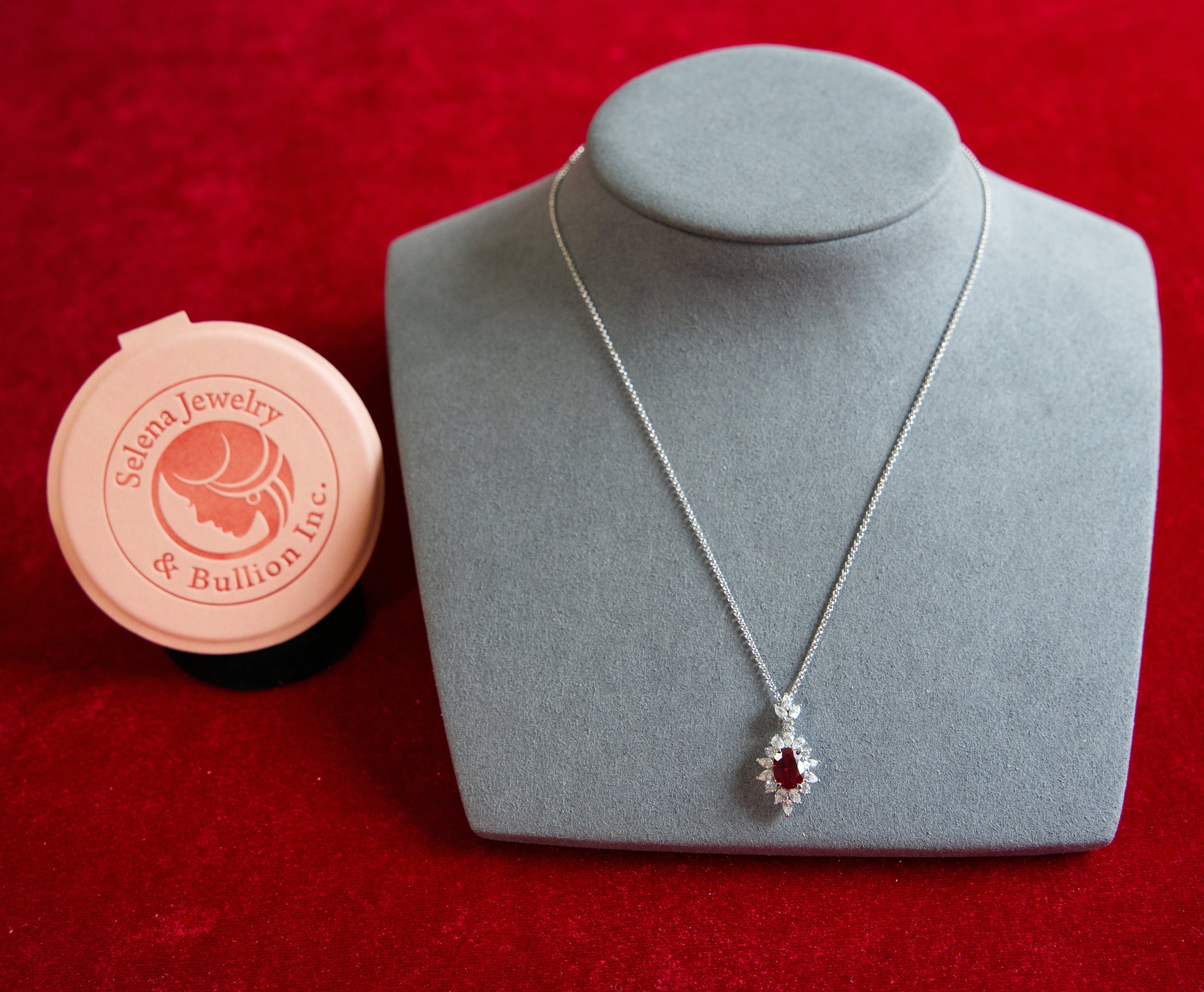 Selena Jewelry Bullion - Fontainebleau 2 carats Lab Grown Ruby Oval Sunburst Halo Pendant Necklace