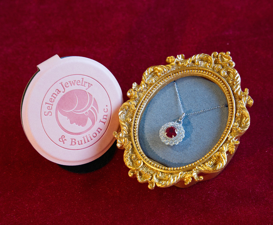 Selena Jewelry Bullion - Compiegne 2 Carats Lab Grown Ruby Round Floral Halo Pendant Necklace