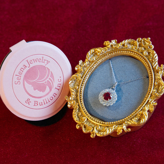 Selena Jewelry Bullion - Compiegne 2 Carats Lab Grown Ruby Round Floral Halo Pendant Necklace