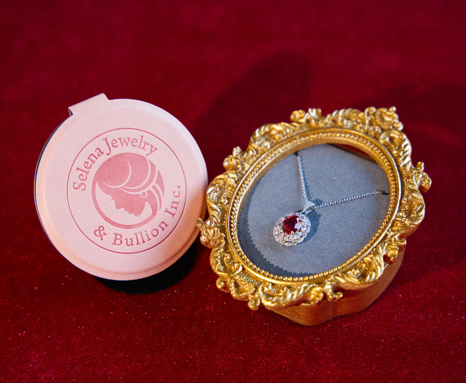 Selena Jewelry Bullion - Marly 2cts Lab Grown Ruby Oval Wheat Halo Pendant Necklace