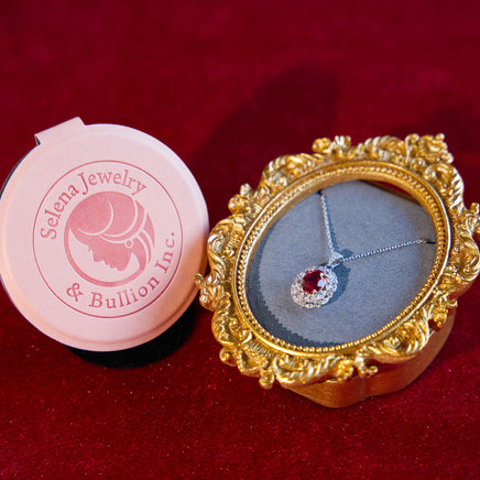 Selena Jewelry Bullion - Marly 2cts Lab Grown Ruby Oval Wheat Halo Pendant Necklace