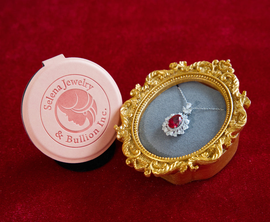 Selena Jewelry Bullion - Neuschwanstein 4cts Lab Grown Ruby Oval Kite-Cut Halo Pendant Necklace