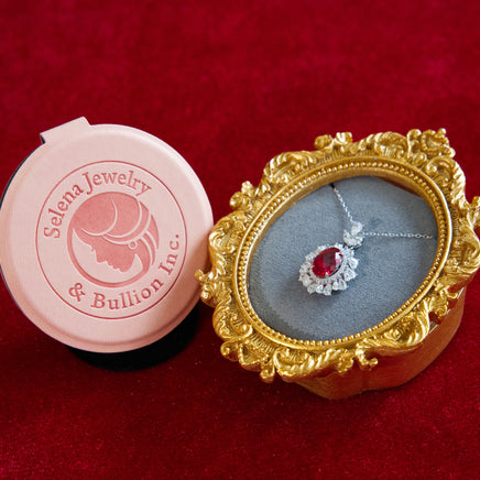 Selena Jewelry Bullion - Neuschwanstein 4cts Lab Grown Ruby Oval Kite-Cut Halo Pendant Necklace