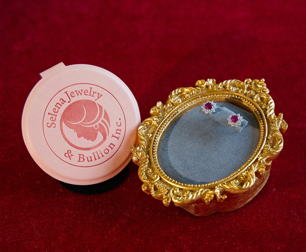 Selena Jewelry Bullion - Fontainebleau 1ct Per Stone Total 2ct Pair Lab Grown Ruby Round Floral 10 Diamonds Halo Stud Earrings