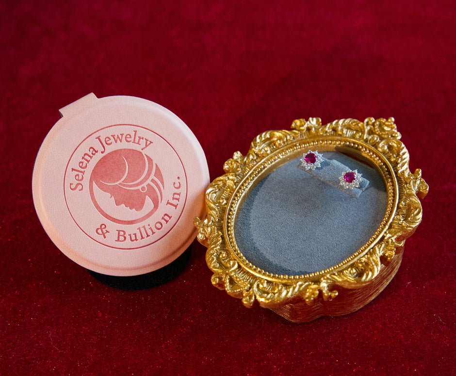 Selena Jewelry Bullion - Fontainebleau 1ct Per Stone Total 2ct Pair Lab Grown Ruby Round Floral 10 Diamonds Halo Stud Earrings