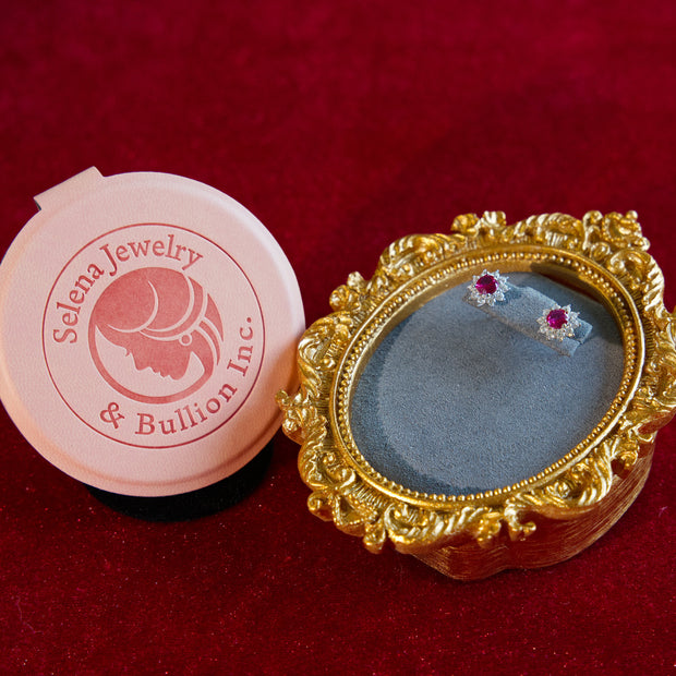 Selena Jewelry Bullion - Fontainebleau 1ct Per Stone Total 2ct Pair Lab Grown Ruby Round Floral 10 Diamonds Halo Stud Earrings