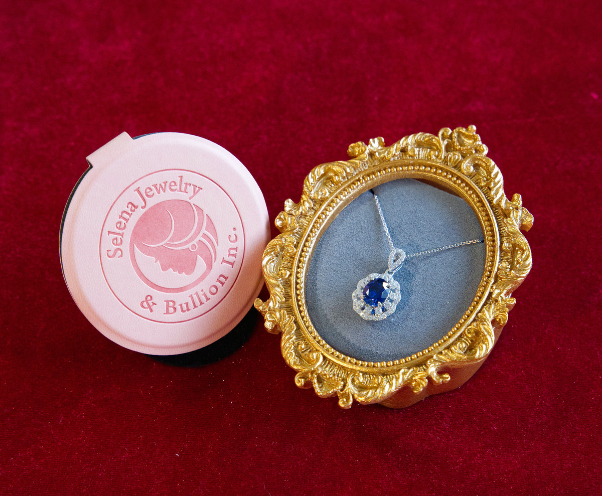Selena Jewelry Bullion - Versailles 3 Carats Lab Grown Royal Blue Sapphire Oval Halo Pendant Necklace
