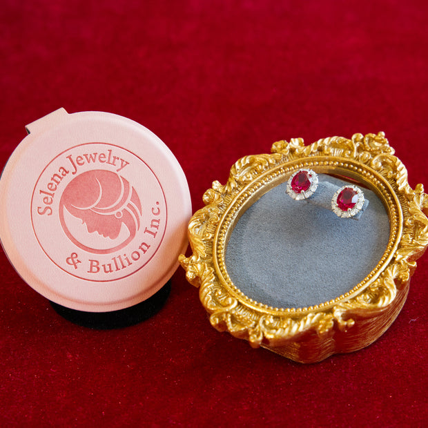 Selena Jewelry Bullion - Linderhof 2cts Per Stone Total 4cts Pair Lab Grown Ruby Oval Floral Halo Stud Earrings